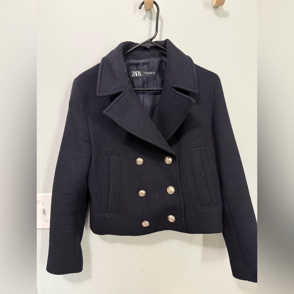 Zara Women's Navy Double-Breasted Pea Coat